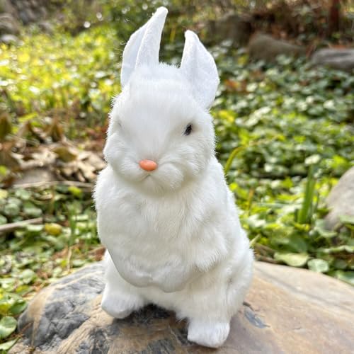 9.25 Inch Faux Fur Plush Rabbit – Lifelike Hare with Inner Skeleton, White – Easter Decor & Gift