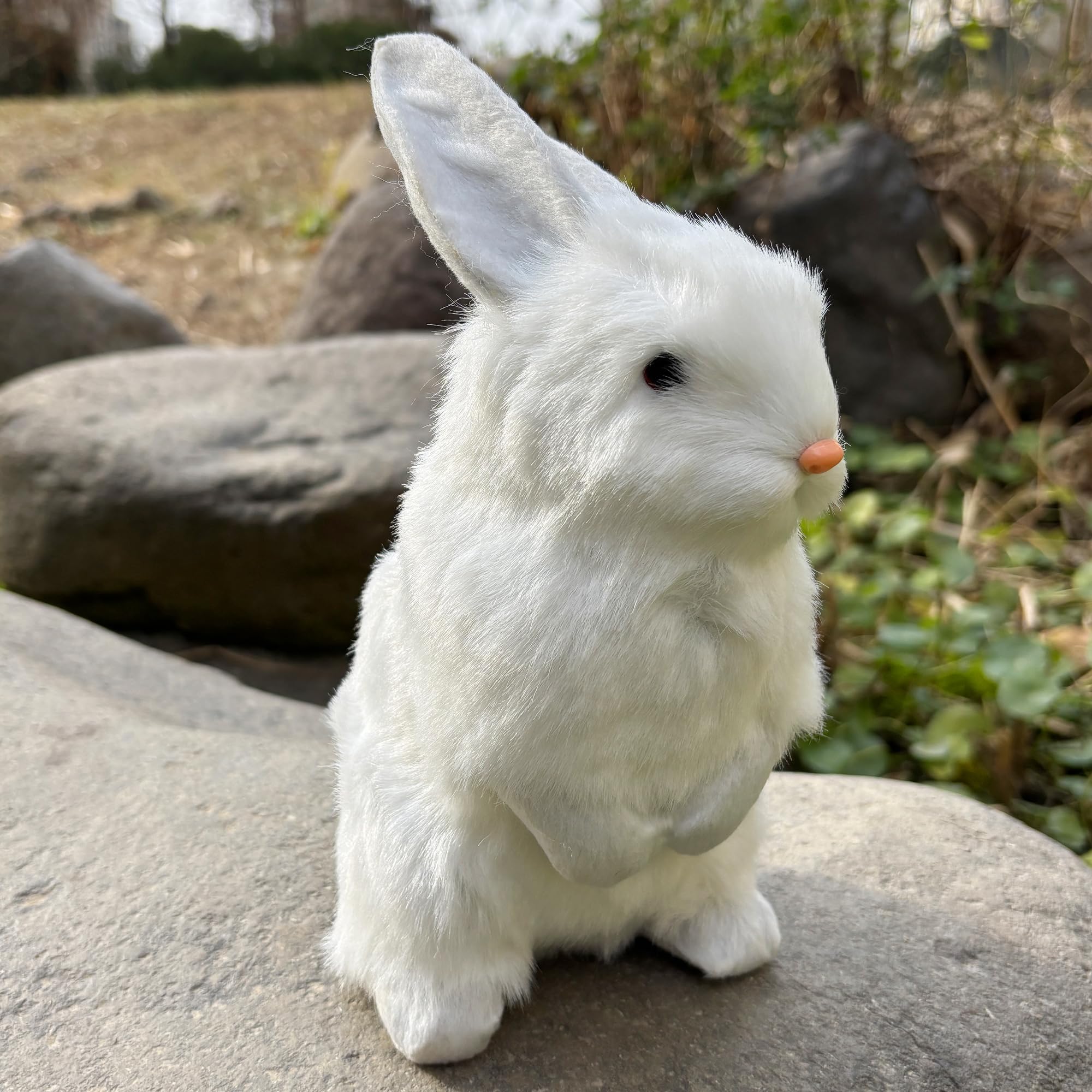 9.25 Inch Faux Fur Plush Rabbit – Lifelike Hare with Inner Skeleton, White – Easter Decor & Gift