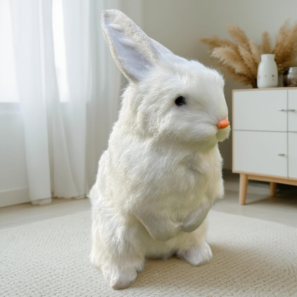9.25 Inch Faux Fur Plush Rabbit – Lifelike Hare with Inner Skeleton, White – Easter Decor & Gift