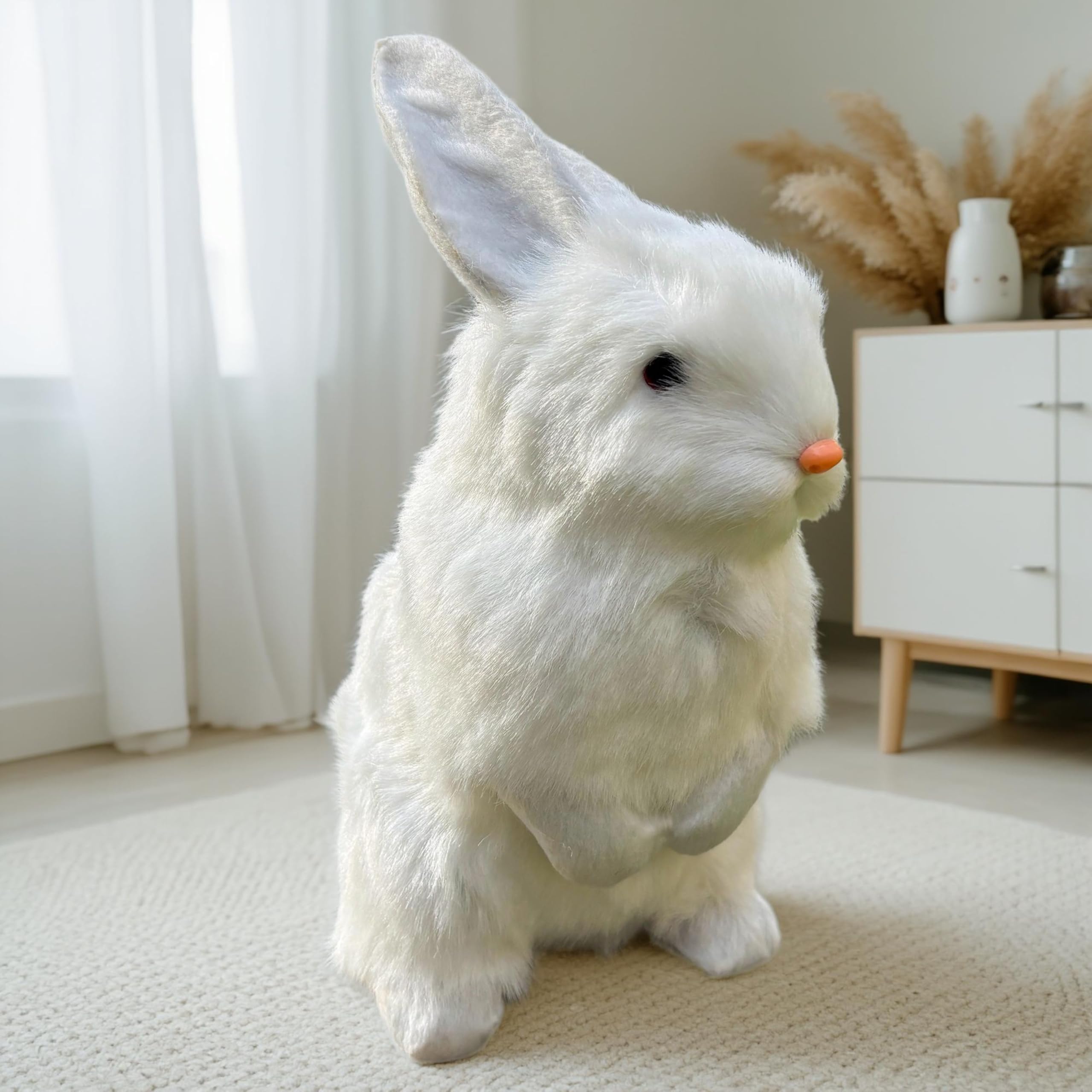 9.25 Inch Faux Fur Plush Rabbit – Lifelike Hare with Inner Skeleton, White – Easter Decor & Gift