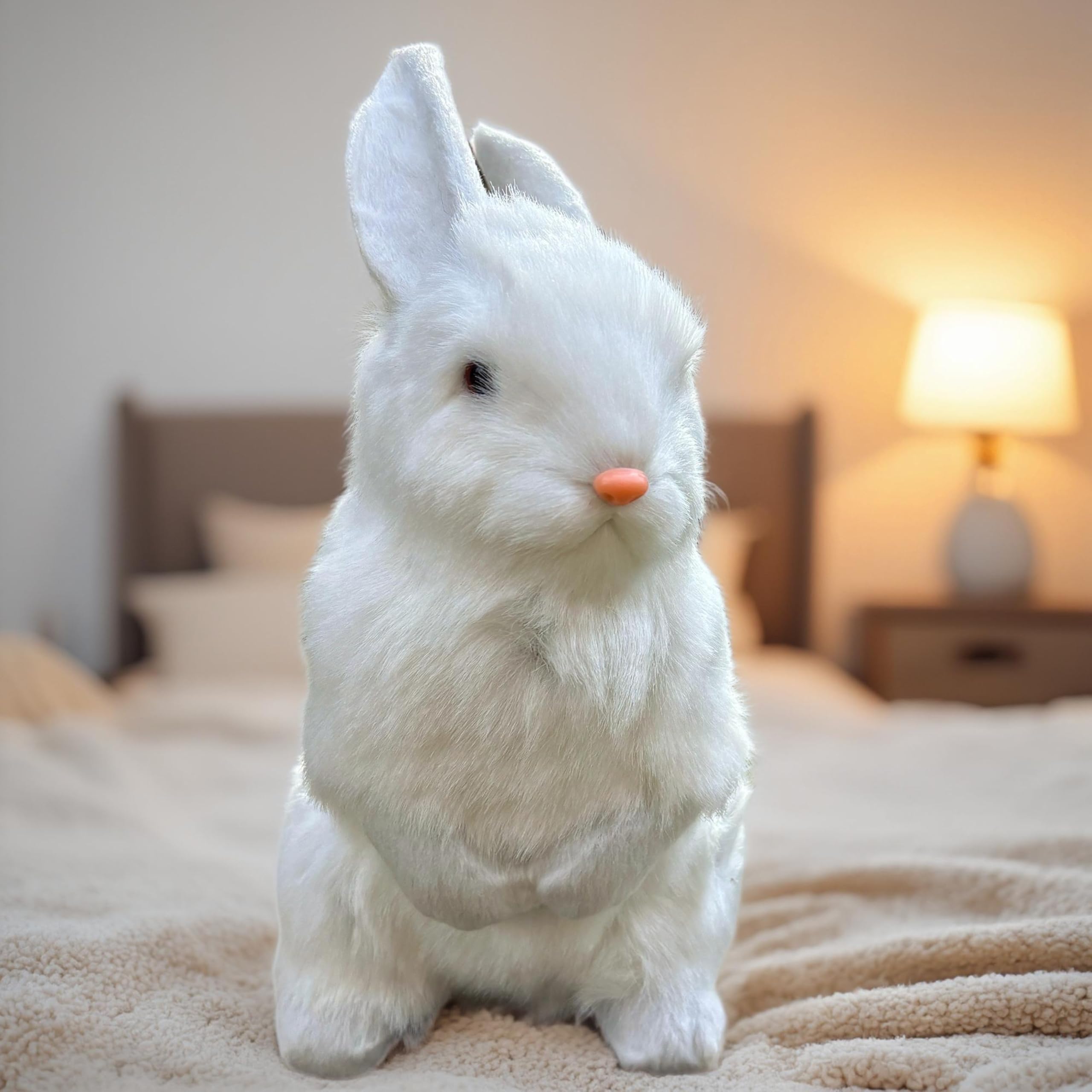 9.25 Inch Faux Fur Plush Rabbit – Lifelike Hare with Inner Skeleton, White – Easter Decor & Gift