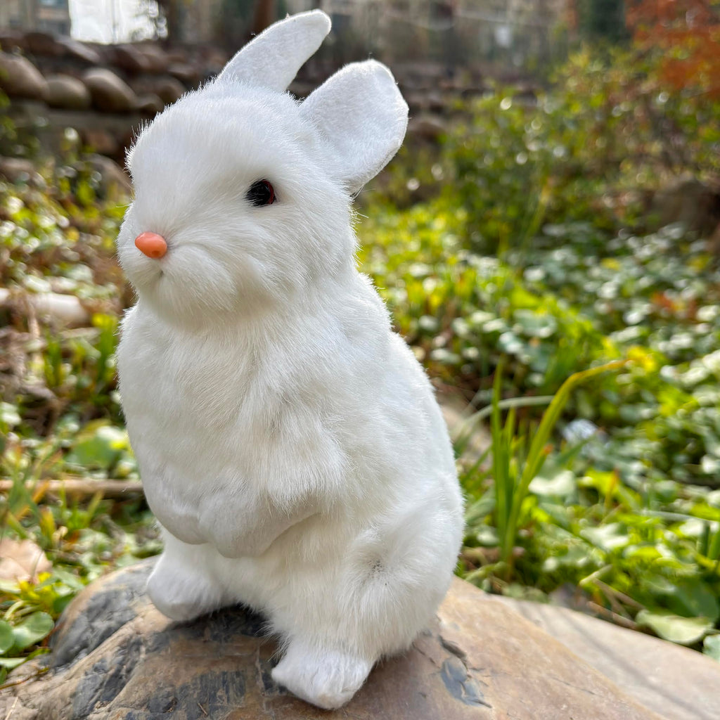 9.25 Inch Faux Fur Plush Rabbit – Lifelike Hare with Inner Skeleton, White – Easter Decor & Gift