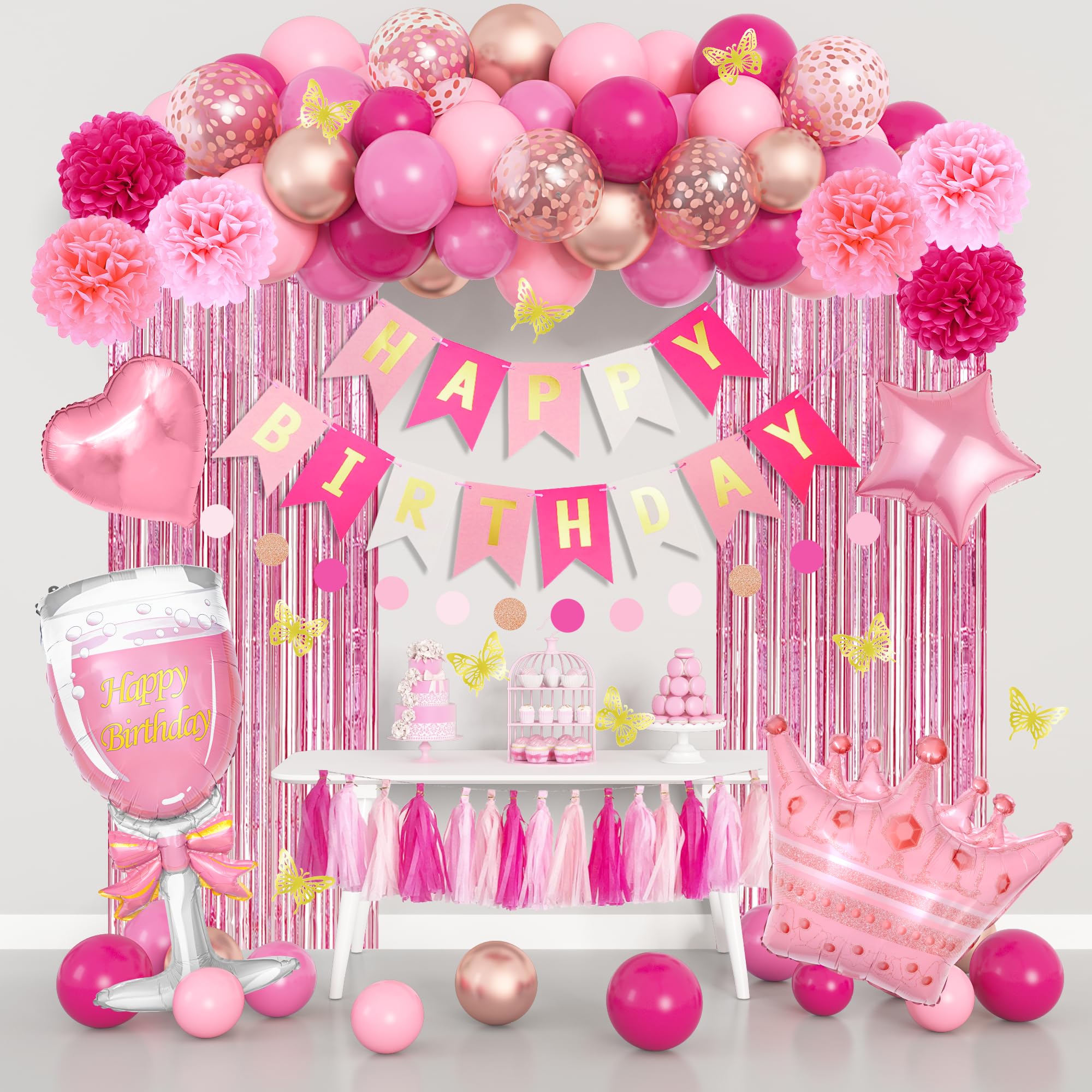 95-Piece Pink Birthday Party Decoration Kit with Balloons, Banner, and Butterfly Decor by Ouddy Party