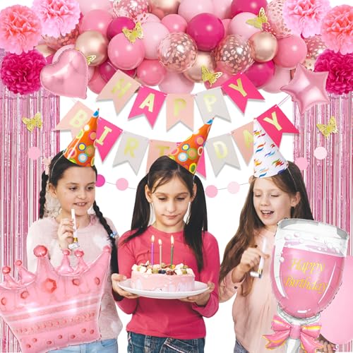 95-Piece Pink Birthday Party Decoration Kit with Balloons, Banner, and Butterfly Decor by Ouddy Party