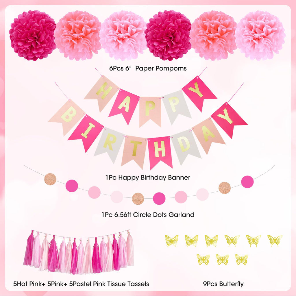 95-Piece Pink Birthday Party Decoration Kit with Balloons, Banner, and Butterfly Decor by Ouddy Party