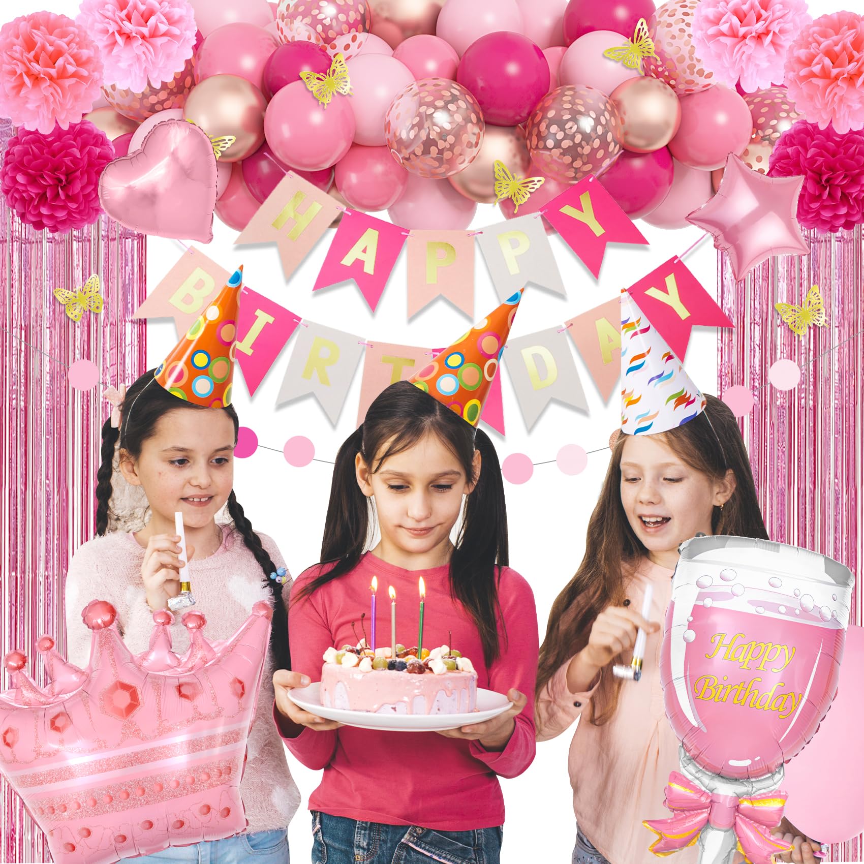 95-Piece Pink Birthday Party Decoration Kit with Balloons, Banner, and Butterfly Decor by Ouddy Party