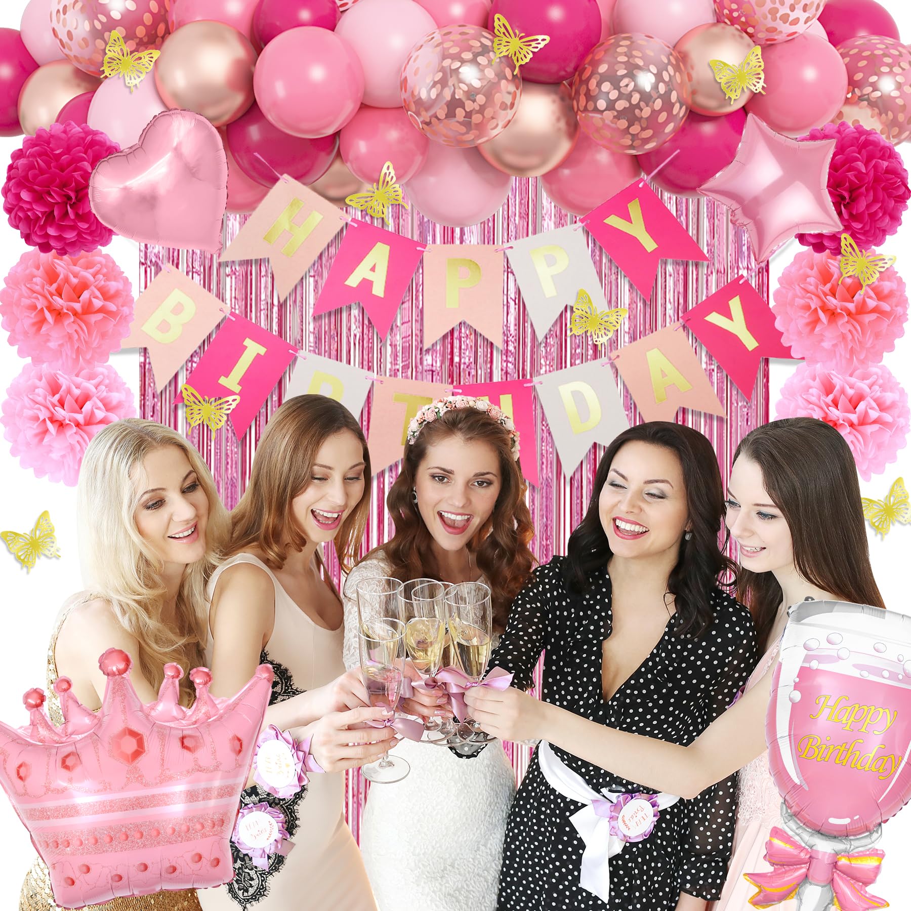95-Piece Pink Birthday Party Decoration Kit with Balloons, Banner, and Butterfly Decor by Ouddy Party