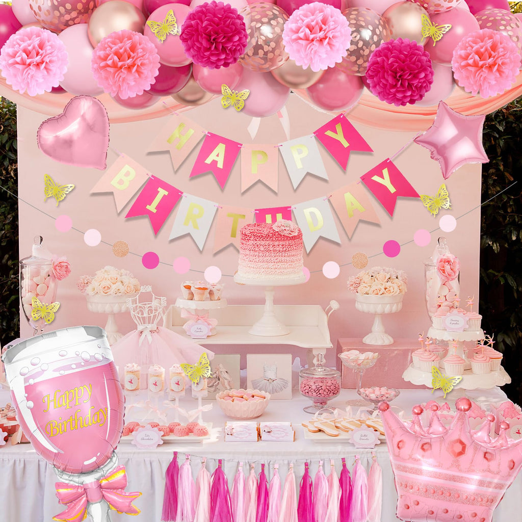 95-Piece Pink Birthday Party Decoration Kit with Balloons, Banner, and Butterfly Decor by Ouddy Party
