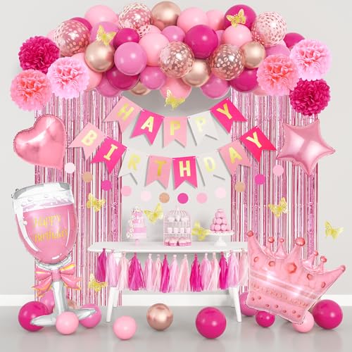 95-Piece Pink Birthday Party Decoration Kit with Balloons, Banner, and Butterfly Decor by Ouddy Party