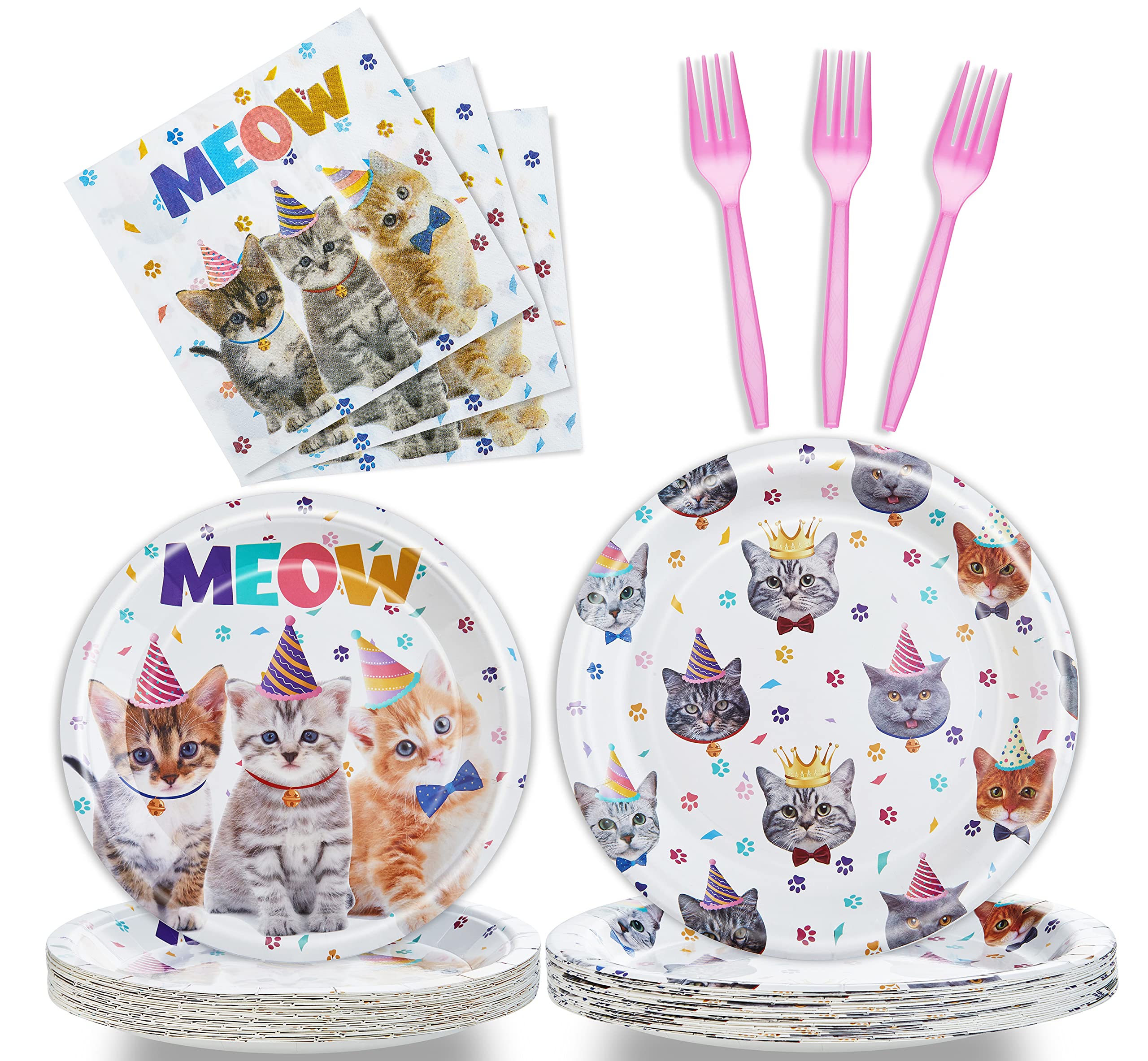 96-Piece Cat Birthday Party Tableware Set – Disposable Plates, Napkins, Forks for 24 Guests | Fesciory