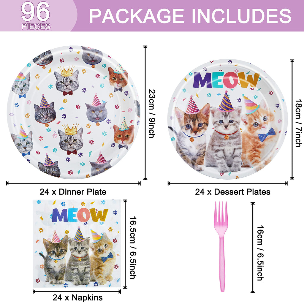96-Piece Cat Birthday Party Tableware Set – Disposable Plates, Napkins, Forks for 24 Guests | Fesciory