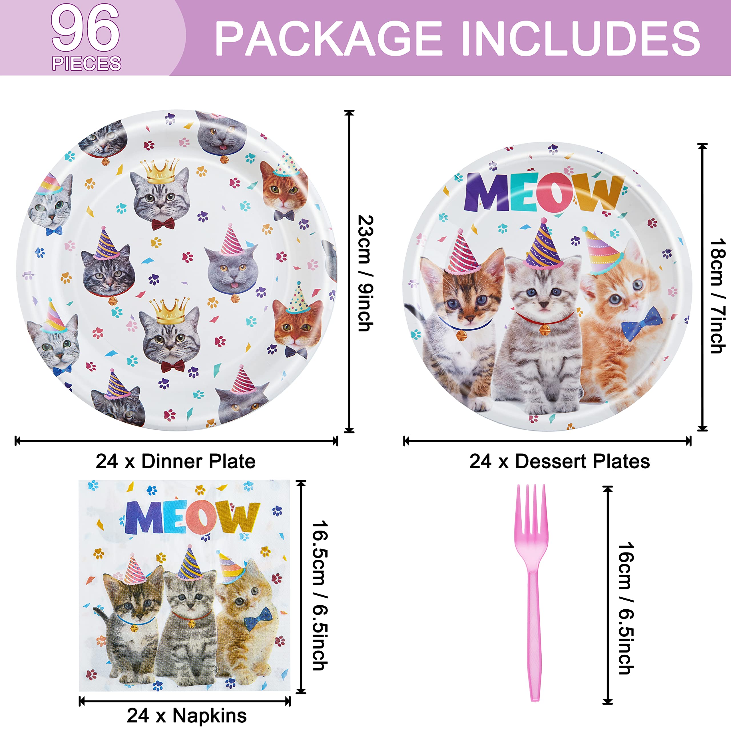 96-Piece Cat Birthday Party Tableware Set – Disposable Plates, Napkins, Forks for 24 Guests | Fesciory