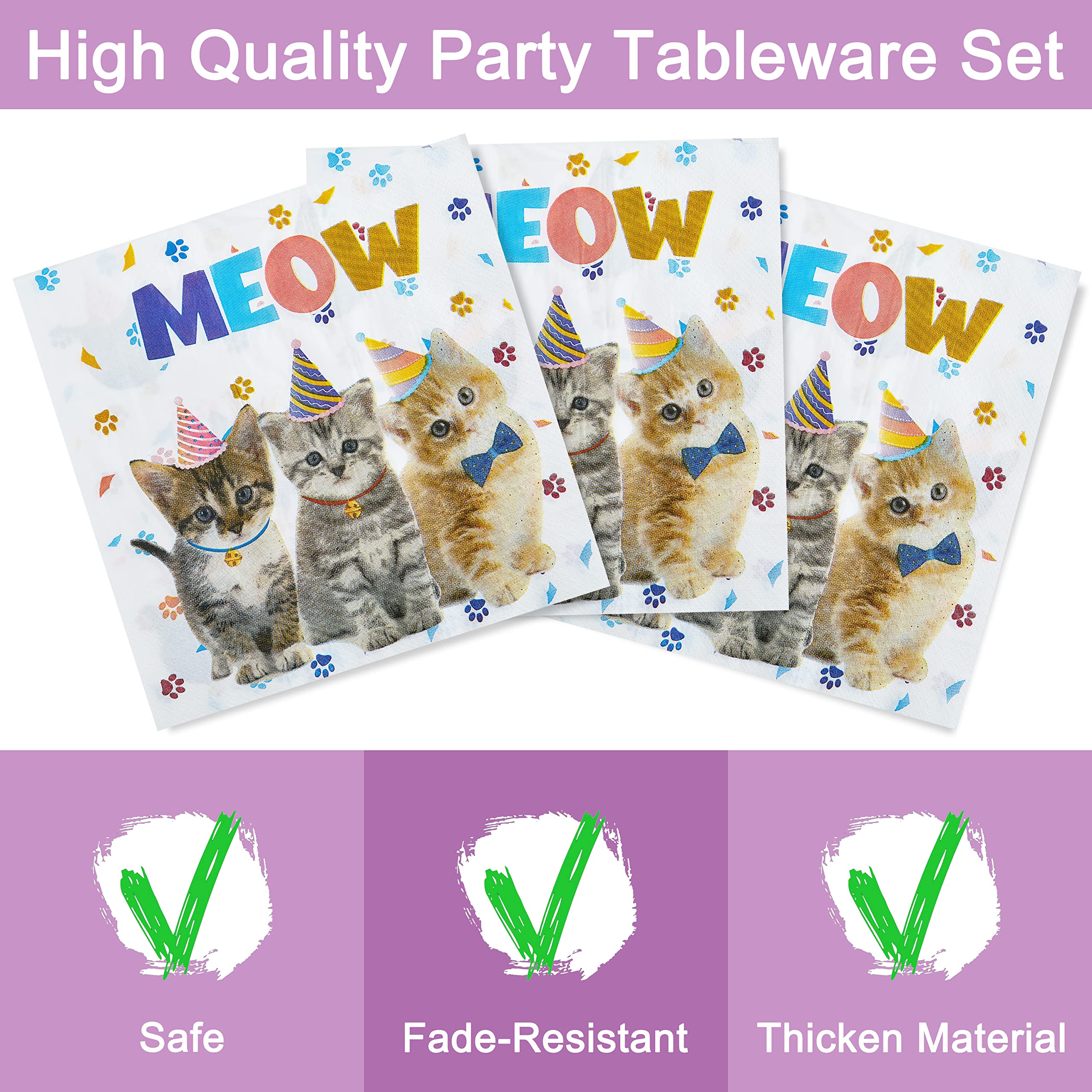 96-Piece Cat Birthday Party Tableware Set – Disposable Plates, Napkins, Forks for 24 Guests | Fesciory