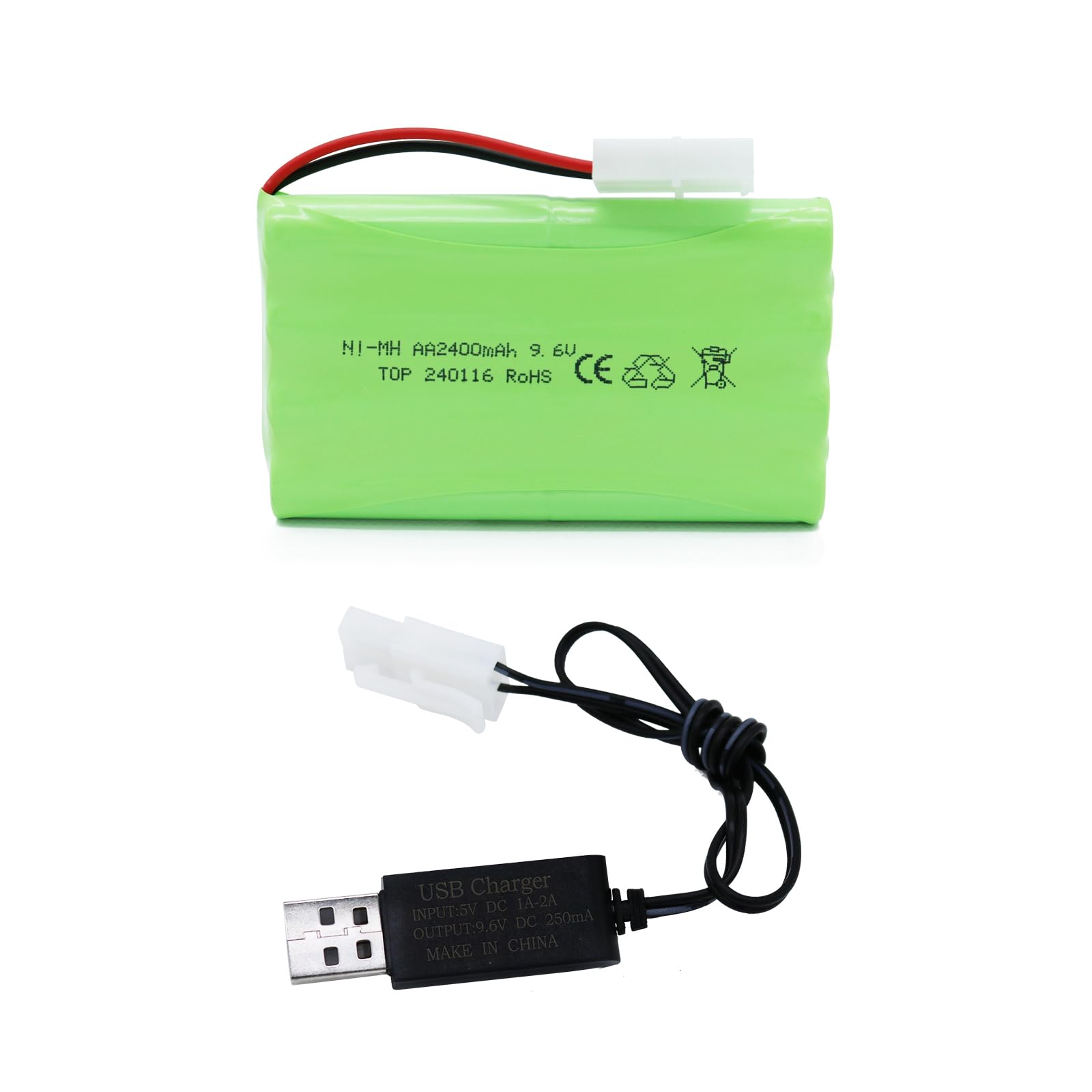 9.6V 2400mAh NiMH Battery Pack for RC Vehicles with Tamiya KET-2P Plug and USB Charger