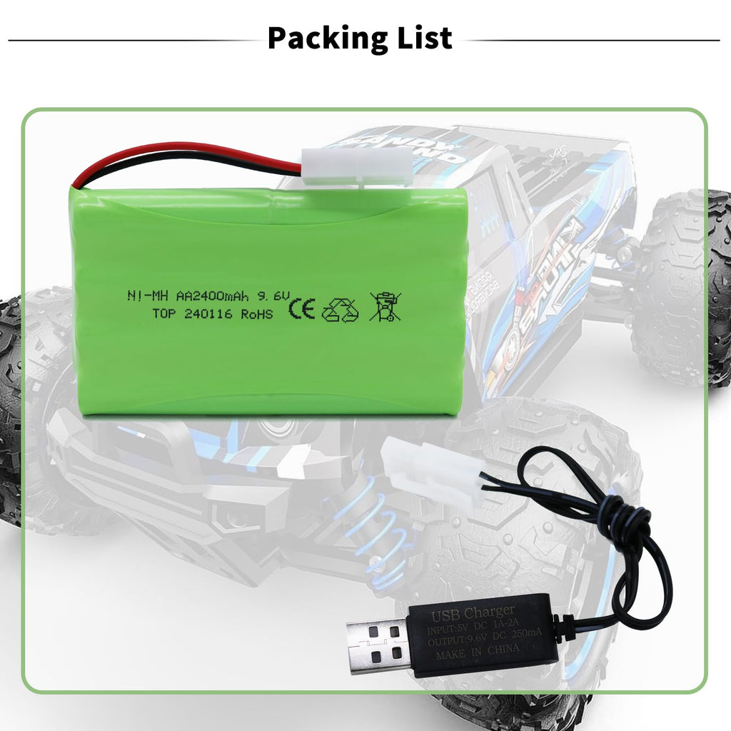 9.6V 2400mAh NiMH Battery Pack for RC Vehicles with Tamiya KET-2P Plug and USB Charger