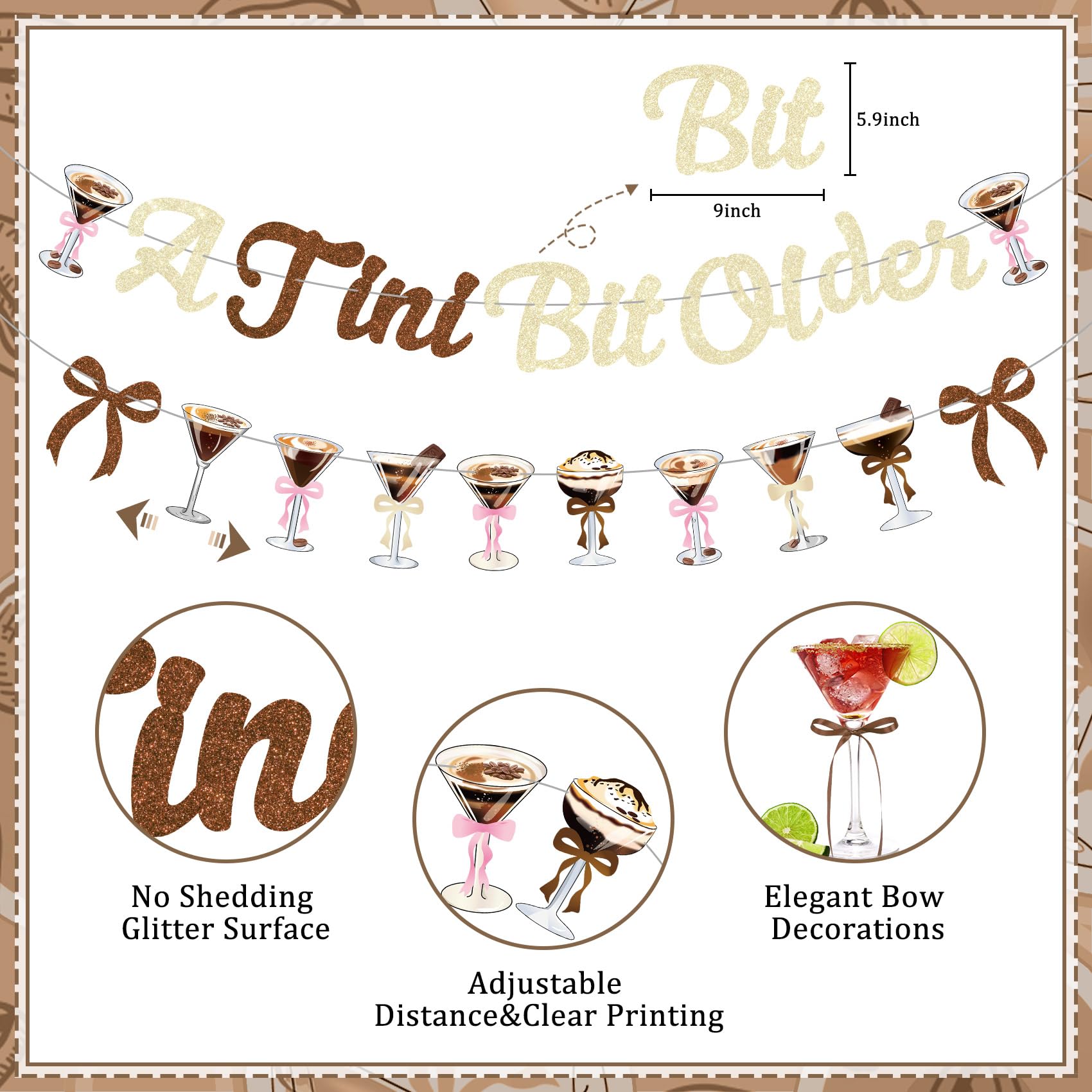 A Tini Bit Older Birthday Decor - 65-Piece Gold Brown Glitter Espresso Martini Party Set with Banner, Balloons, Cake Toppers & More