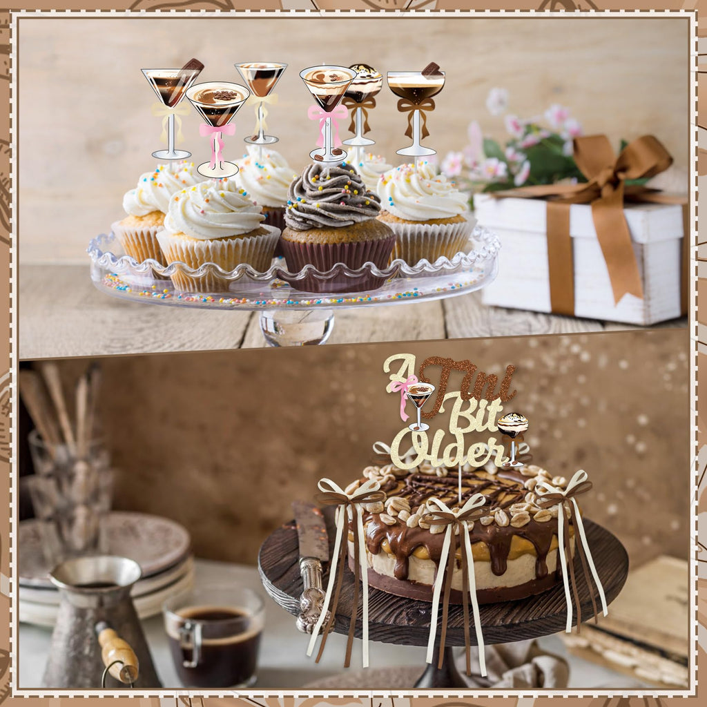 A Tini Bit Older Birthday Decor - 65-Piece Gold Brown Glitter Espresso Martini Party Set with Banner, Balloons, Cake Toppers & More