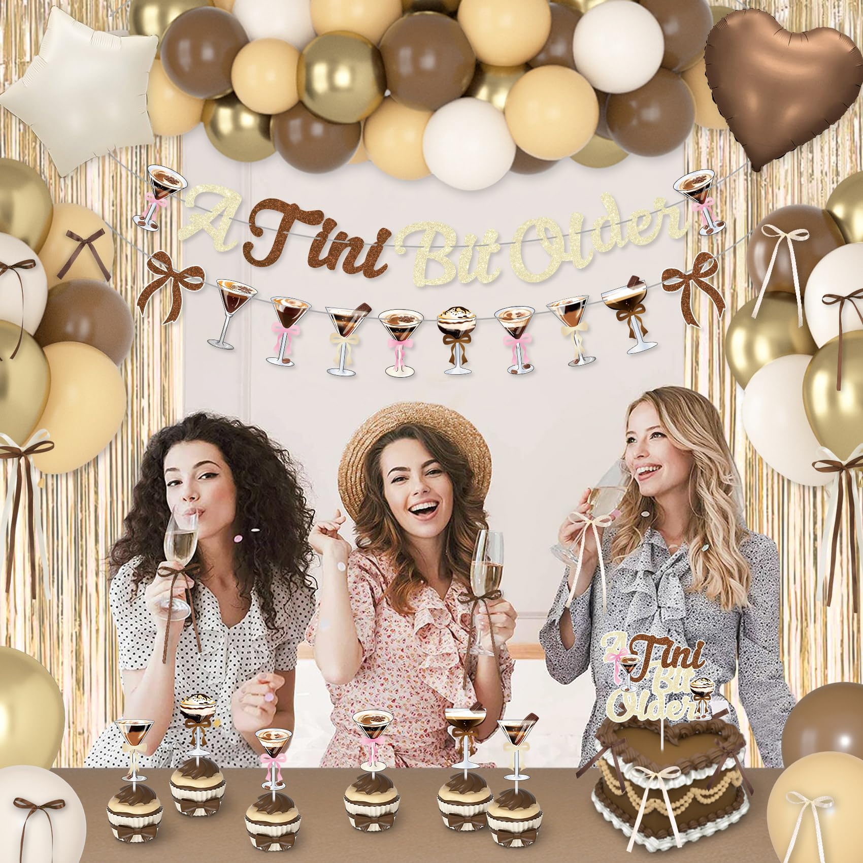 A Tini Bit Older Birthday Decor - 65-Piece Gold Brown Glitter Espresso Martini Party Set with Banner, Balloons, Cake Toppers & More