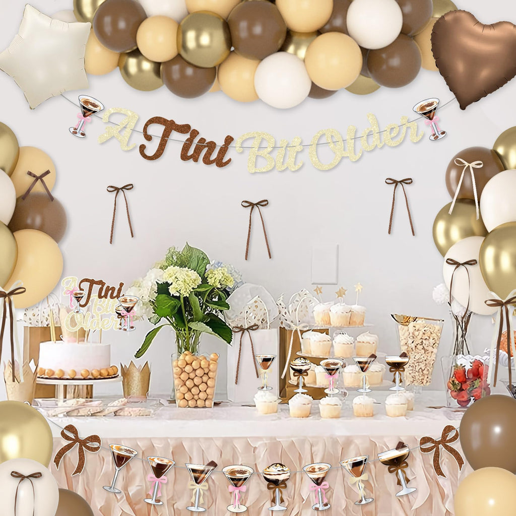 A Tini Bit Older Birthday Decor - 65-Piece Gold Brown Glitter Espresso Martini Party Set with Banner, Balloons, Cake Toppers & More