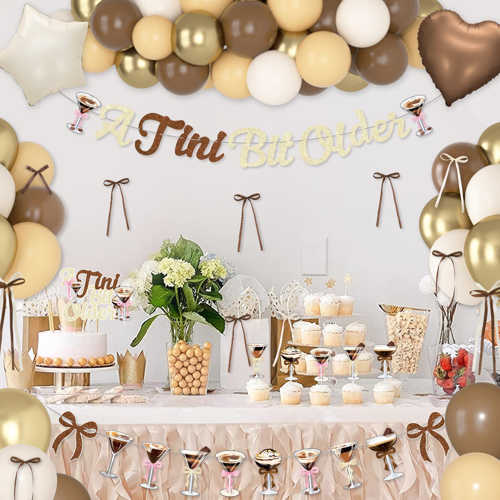 A Tini Bit Older Birthday Decor - 65-Piece Gold Brown Glitter Espresso Martini Party Set with Banner, Balloons, Cake Toppers & More