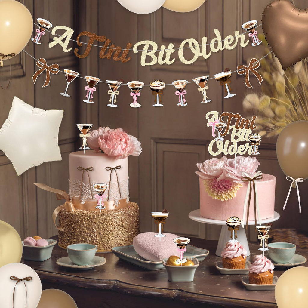 A Tini Bit Older Birthday Decor - 65-Piece Gold Brown Glitter Espresso Martini Party Set with Banner, Balloons, Cake Toppers & More