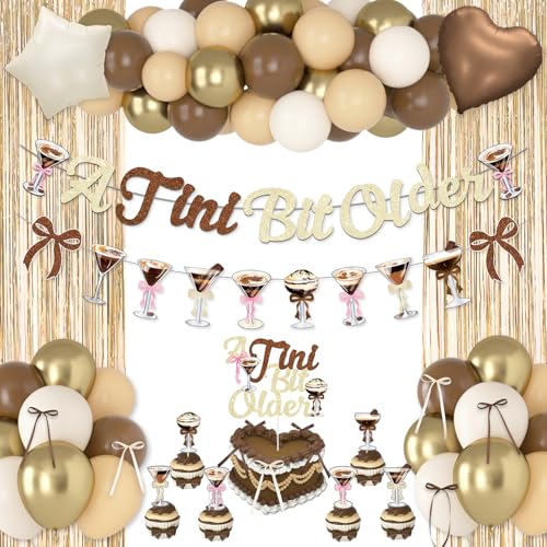 A Tini Bit Older Birthday Decor - 65-Piece Gold Brown Glitter Espresso Martini Party Set with Banner, Balloons, Cake Toppers & More