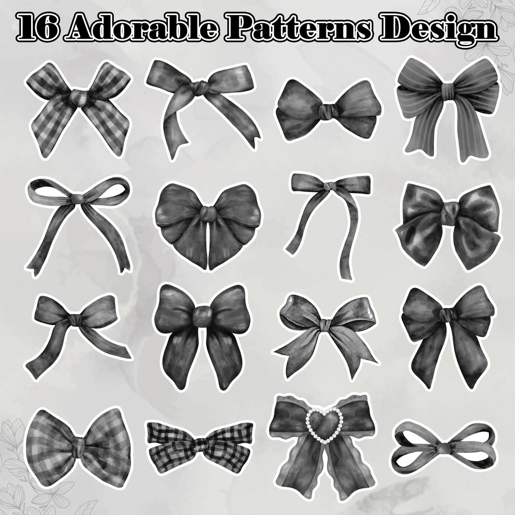 A1diee 1000 Count Black White Coquette Bow Stickers - Watercolor Aesthetic Decals for Scrapbooking, Laptops, Water Bottles (16 Patterns)