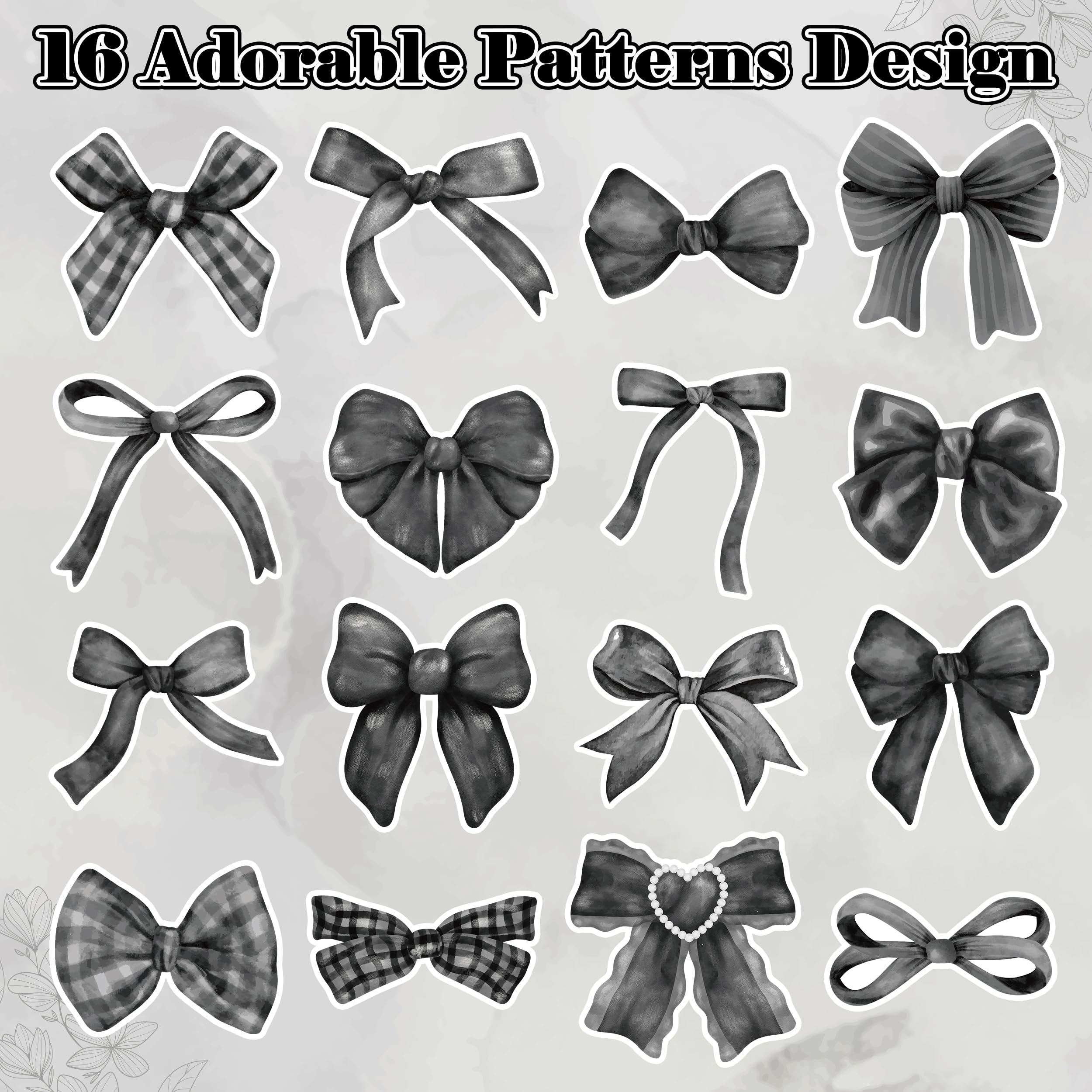 A1diee 1000 Count Black White Coquette Bow Stickers - Watercolor Aesthetic Decals for Scrapbooking, Laptops, Water Bottles (16 Patterns)