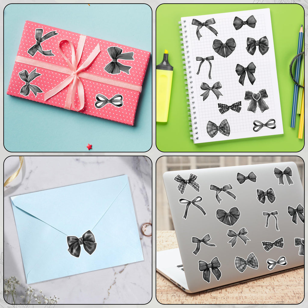 A1diee 1000 Count Black White Coquette Bow Stickers - Watercolor Aesthetic Decals for Scrapbooking, Laptops, Water Bottles (16 Patterns)