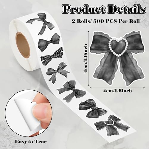 A1diee 1000 Count Black White Coquette Bow Stickers - Watercolor Aesthetic Decals for Scrapbooking, Laptops, Water Bottles (16 Patterns)