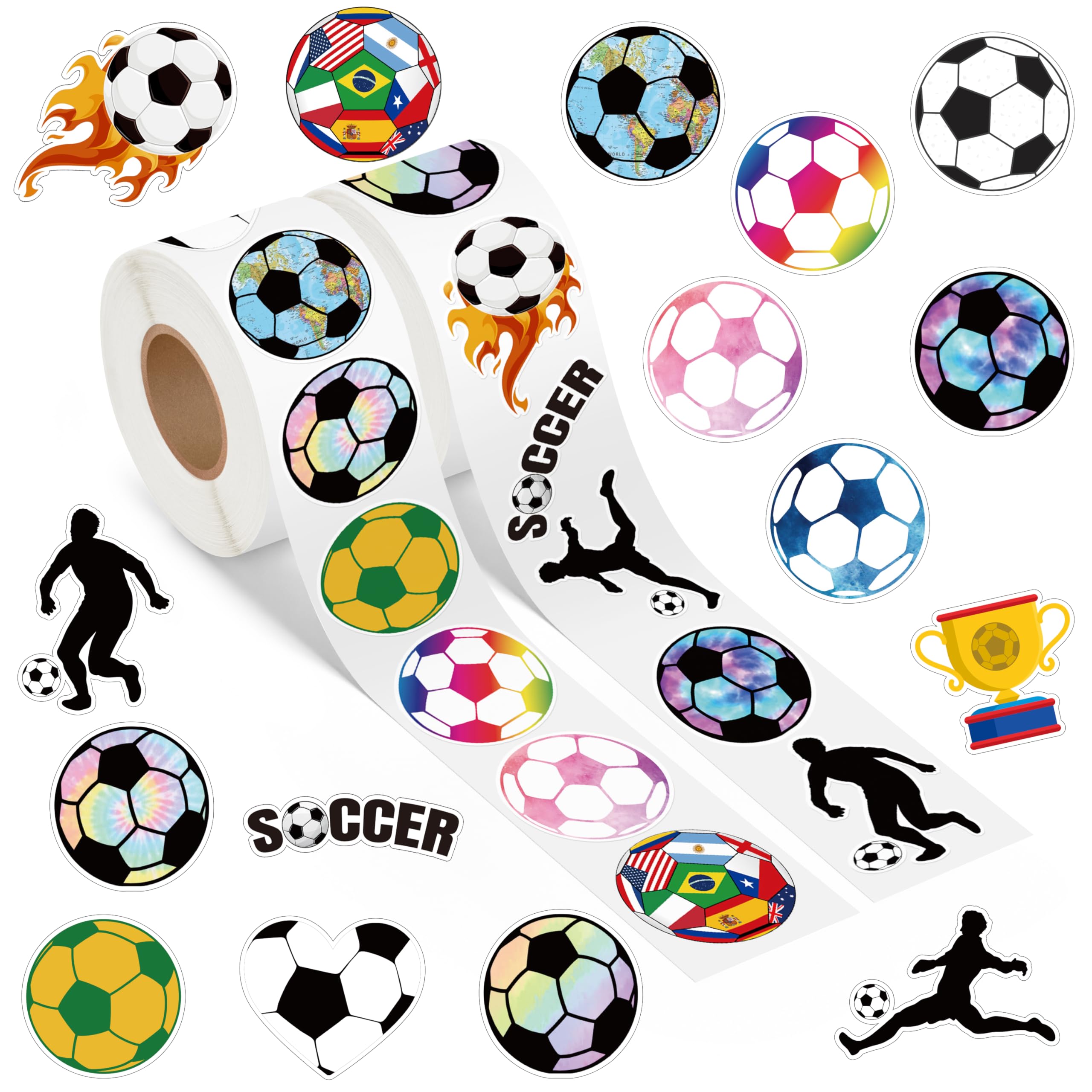 A1diee Football Soccer Stickers - 1000Pcs 2 Rolls 16 Patterns Cute Motivational Decals for Water Bottle Laptop Scrapbook