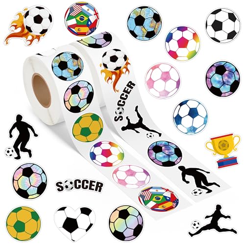 A1diee Football Soccer Stickers - 1000Pcs 2 Rolls 16 Patterns Cute Motivational Decals for Water Bottle Laptop Scrapbook