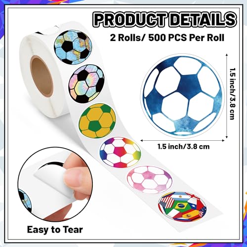 A1diee Football Soccer Stickers - 1000Pcs 2 Rolls 16 Patterns Cute Motivational Decals for Water Bottle Laptop Scrapbook