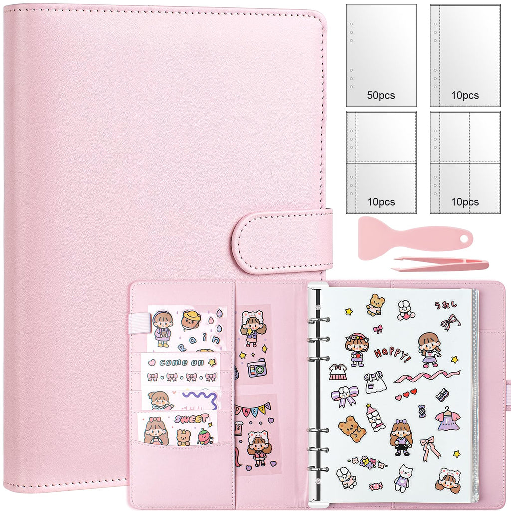 A5 Reusable Sticker Book - 140 Pockets + 100 Blank Pages, Pink PU Leather Organizer for Sticker Lovers