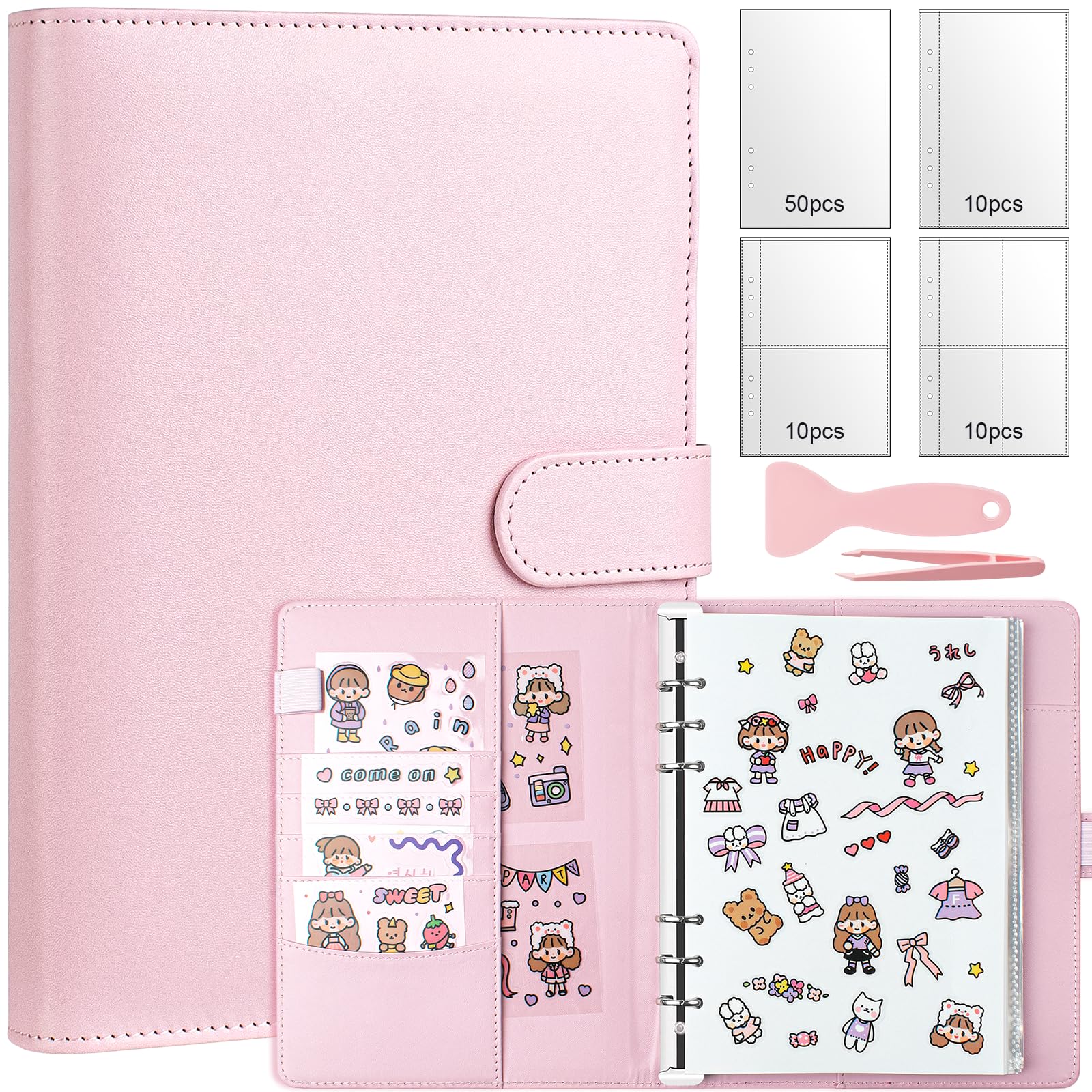 A5 Reusable Sticker Book - 140 Pockets + 100 Blank Pages, Pink PU Leather Organizer for Sticker Lovers