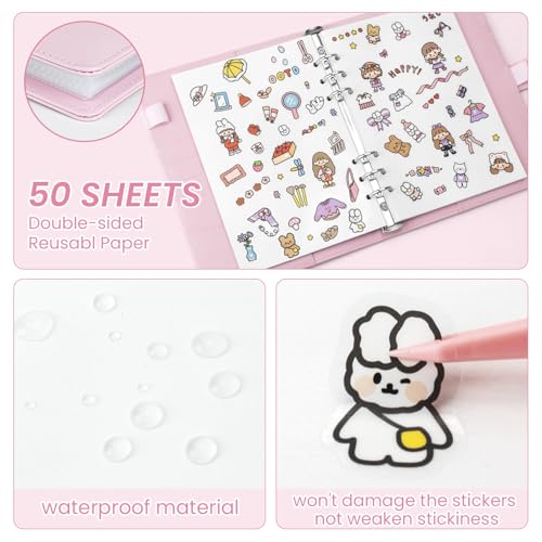 A5 Reusable Sticker Book - 140 Pockets + 100 Blank Pages, Pink PU Leather Organizer for Sticker Lovers
