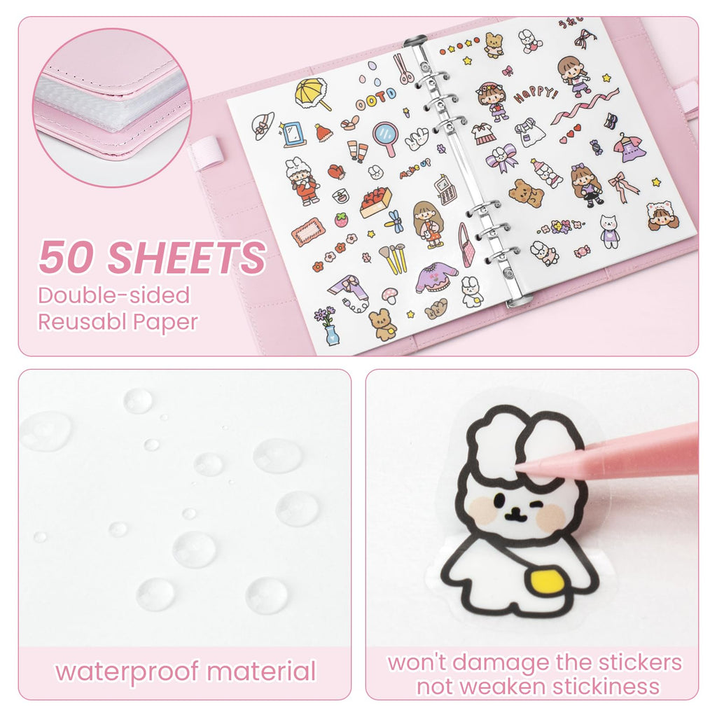 A5 Reusable Sticker Book - 140 Pockets + 100 Blank Pages, Pink PU Leather Organizer for Sticker Lovers