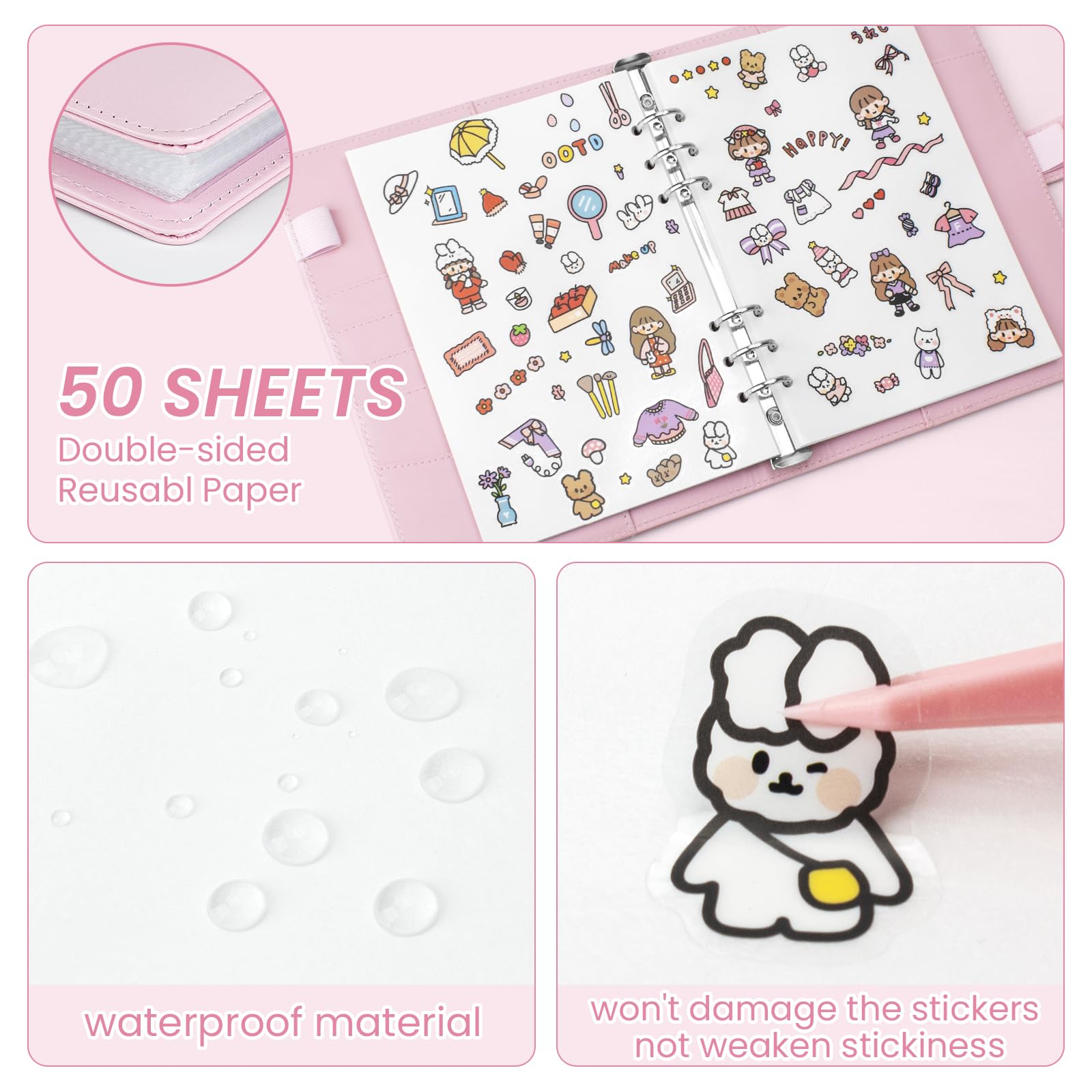 A5 Reusable Sticker Book - 140 Pockets + 100 Blank Pages, Pink PU Leather Organizer for Sticker Lovers