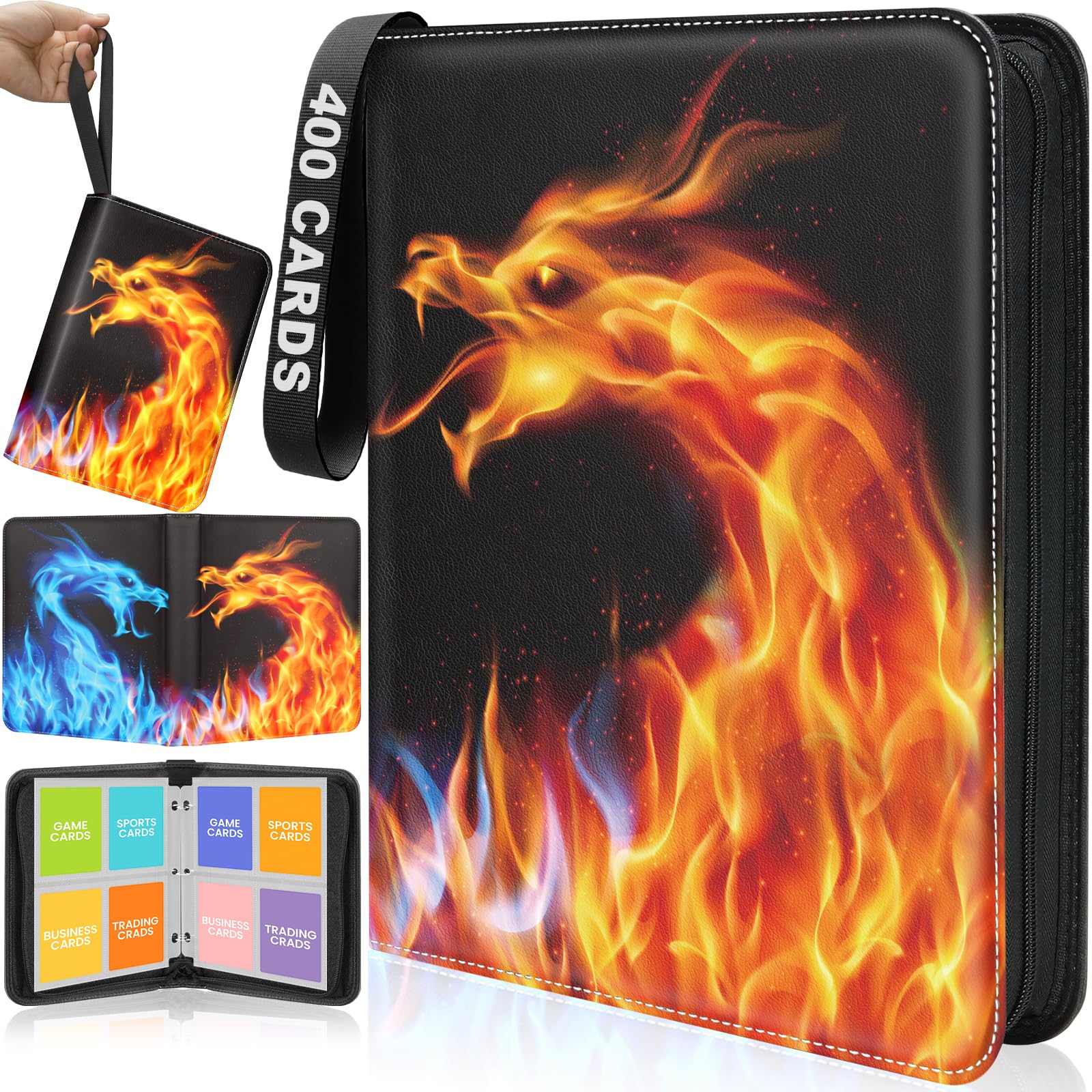 AAUB 4-Pocket Trading Card Binder – Holds 440 Cards, 55 Removable Pages, PU Cover, Zippered, Yellow & Blue Dragon Design