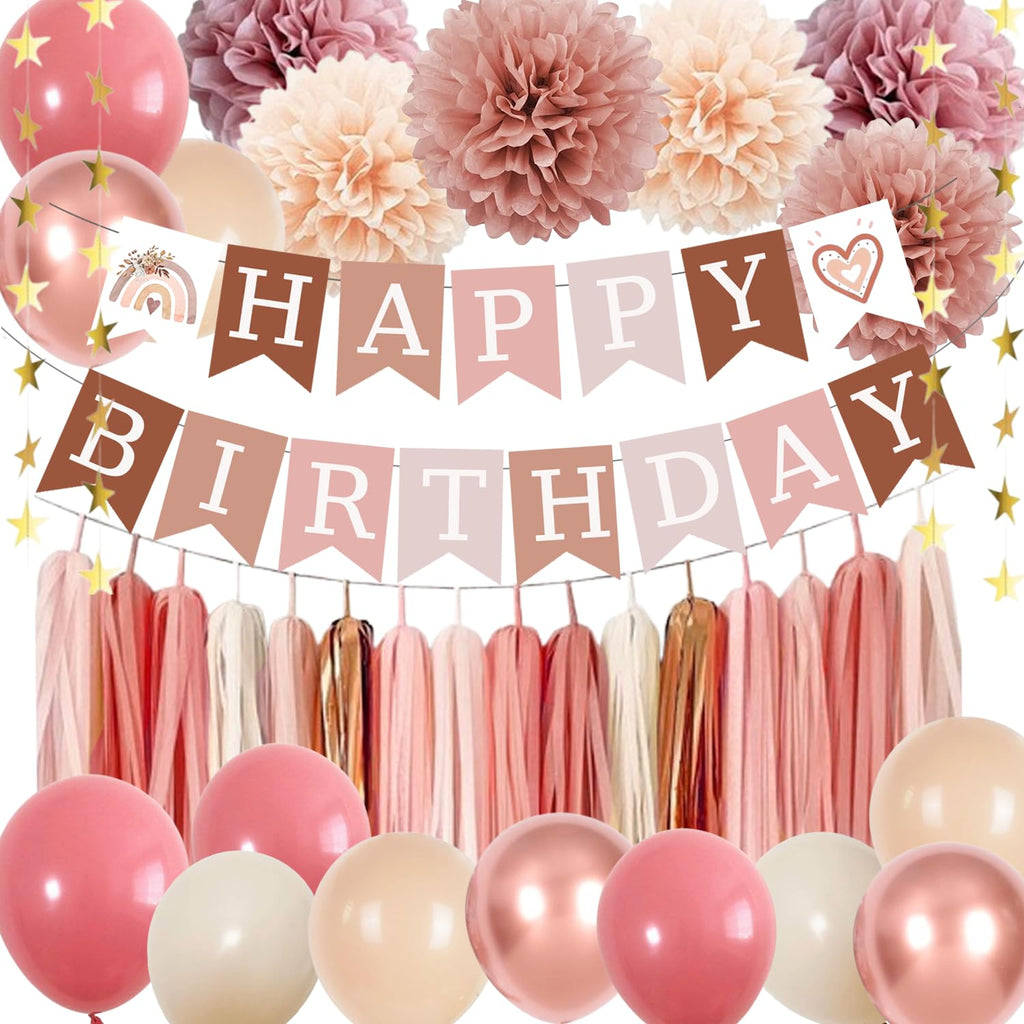 ABAOWO Retro Blush Pink Boho Birthday Decorations Kit: 23 Latex Balloons, Banner, Pompoms & Tassel Garland for Women's Rustic Party