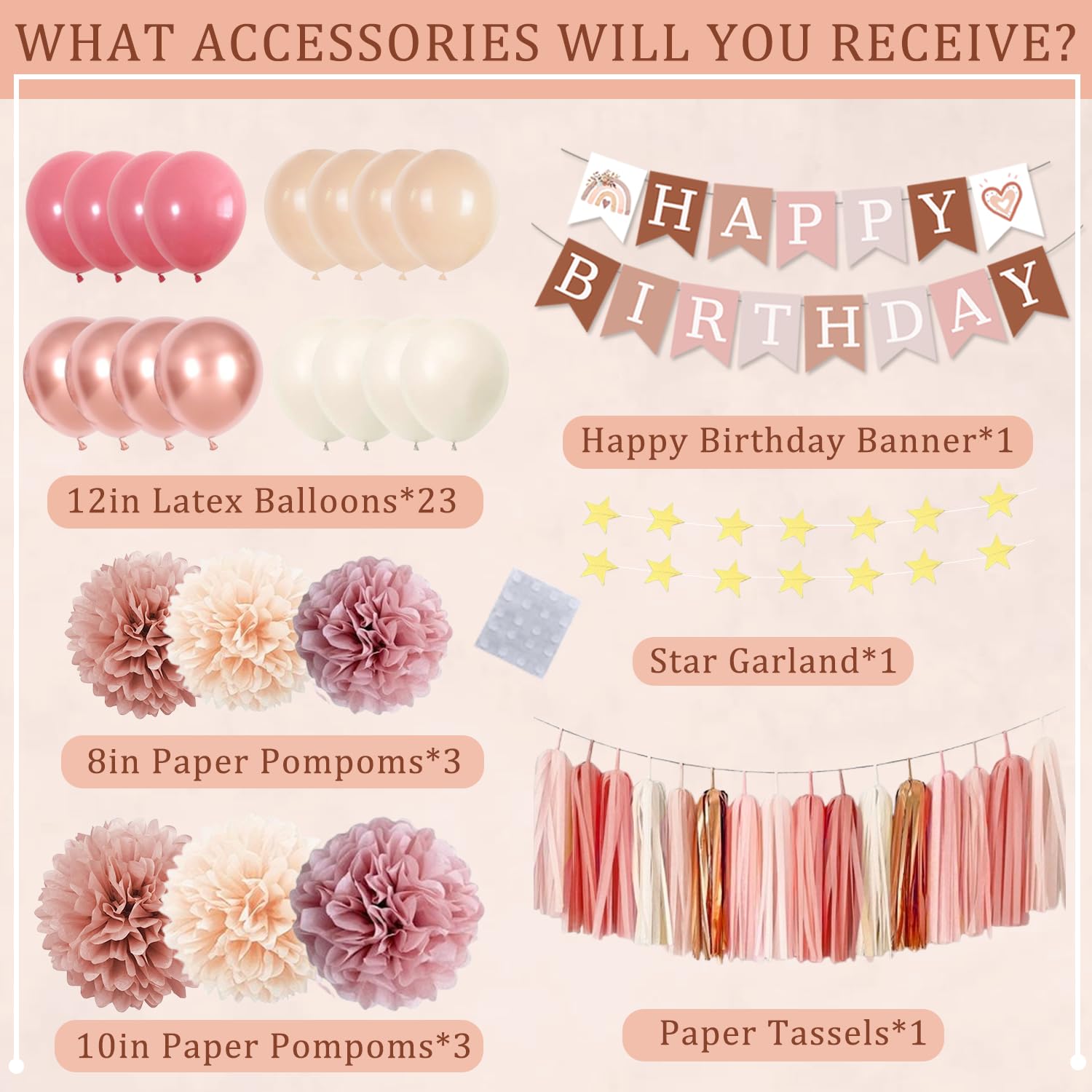 ABAOWO Retro Blush Pink Boho Birthday Decorations Kit: 23 Latex Balloons, Banner, Pompoms & Tassel Garland for Women's Rustic Party