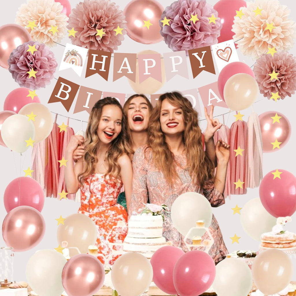 ABAOWO Retro Blush Pink Boho Birthday Decorations Kit: 23 Latex Balloons, Banner, Pompoms & Tassel Garland for Women's Rustic Party