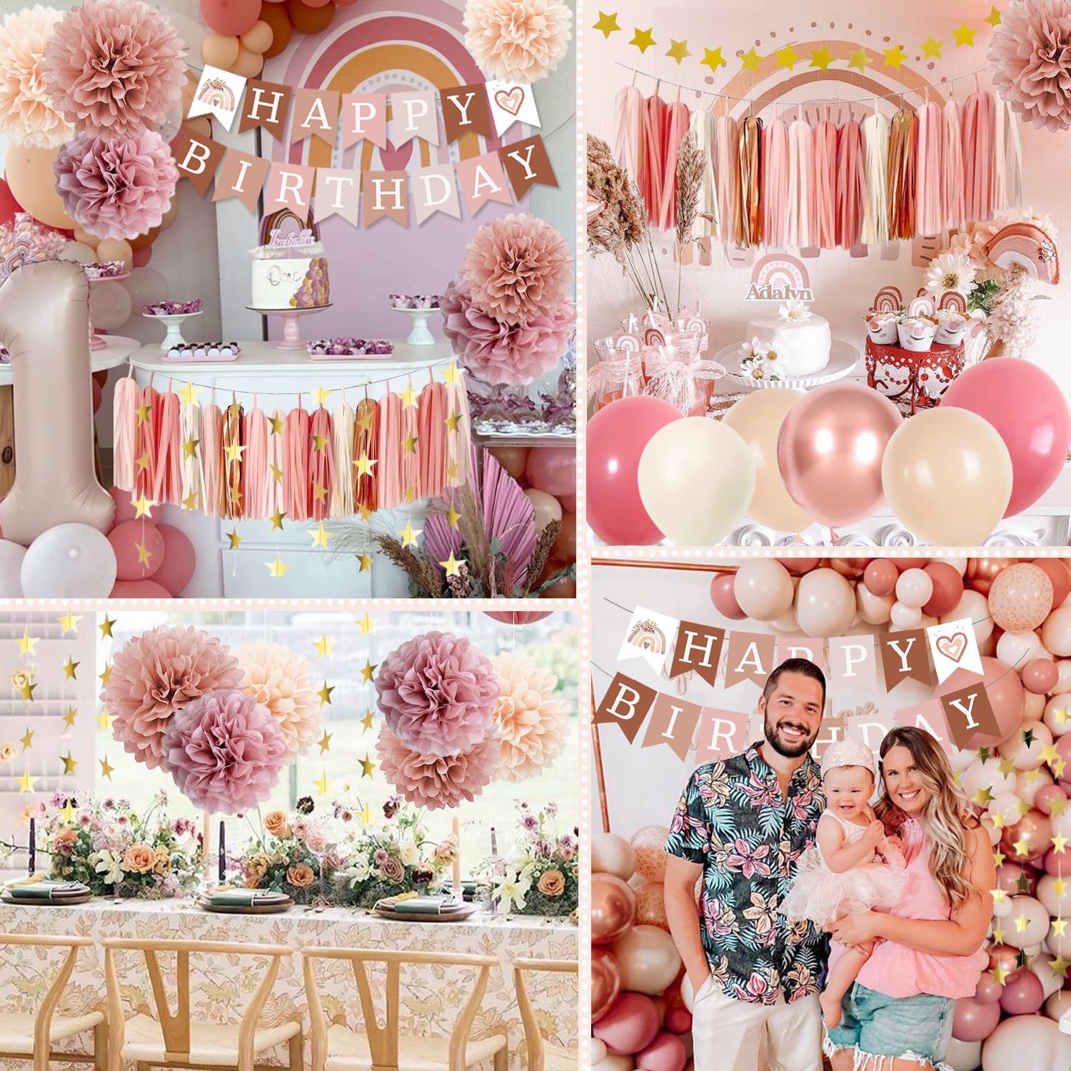 ABAOWO Retro Blush Pink Boho Birthday Decorations Kit: 23 Latex Balloons, Banner, Pompoms & Tassel Garland for Women's Rustic Party