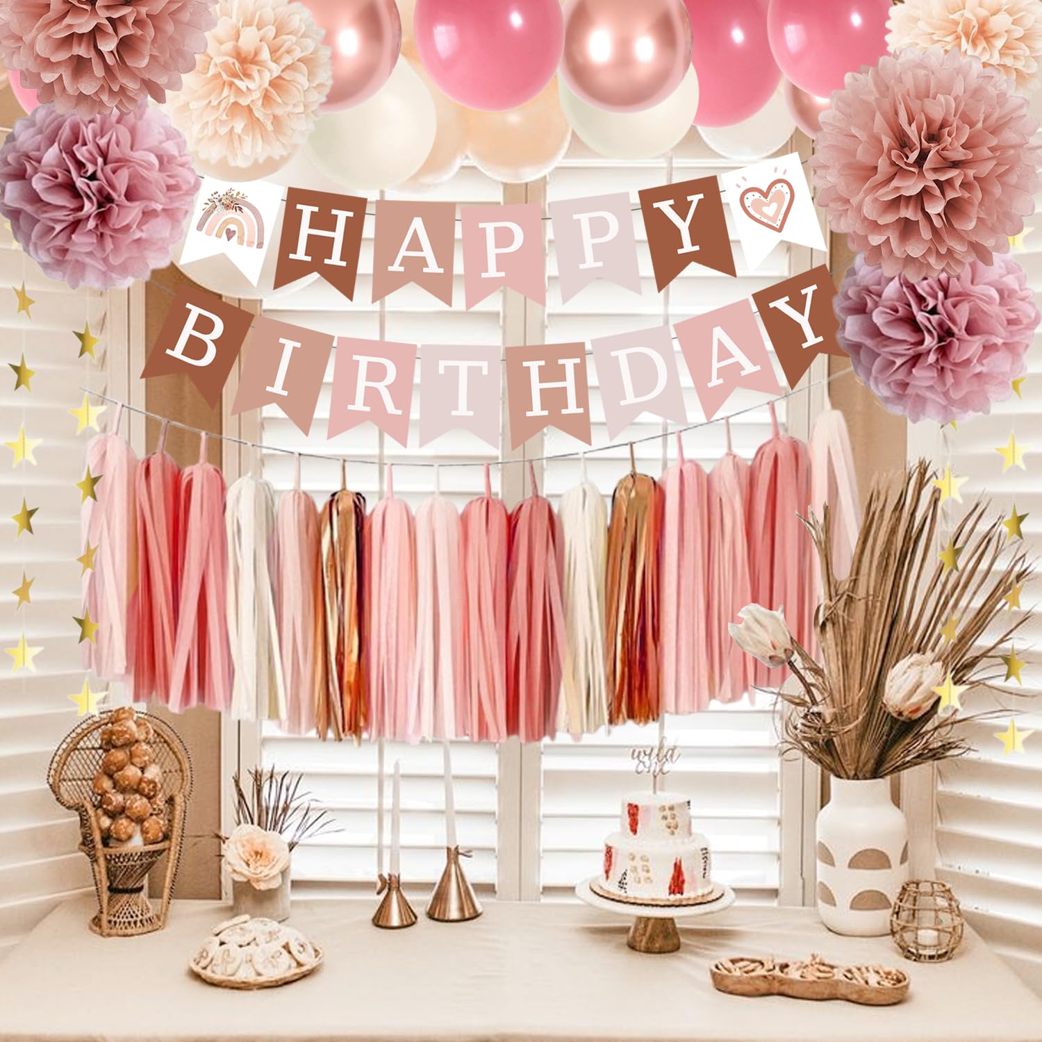 ABAOWO Retro Blush Pink Boho Birthday Decorations Kit: 23 Latex Balloons, Banner, Pompoms & Tassel Garland for Women's Rustic Party