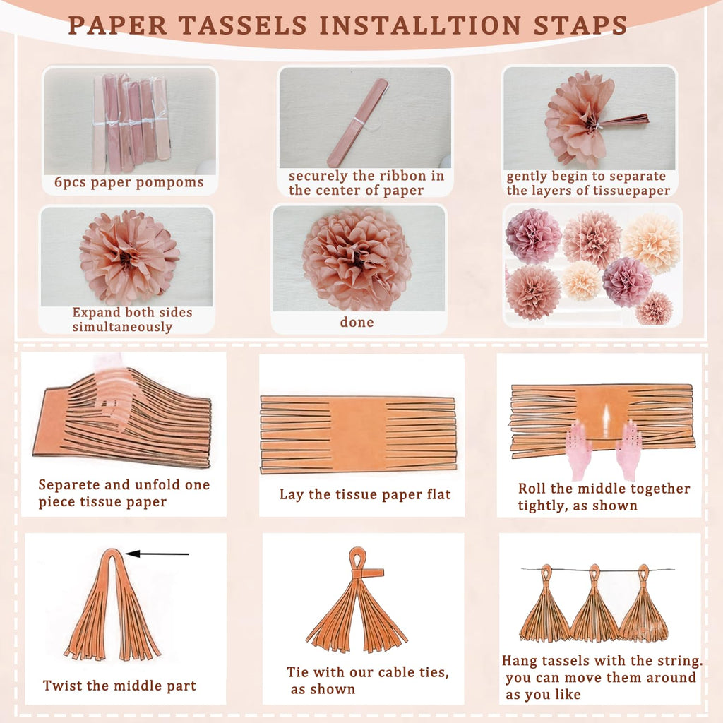 ABAOWO Retro Blush Pink Boho Birthday Decorations Kit: 23 Latex Balloons, Banner, Pompoms & Tassel Garland for Women's Rustic Party