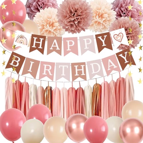 ABAOWO Retro Blush Pink Boho Birthday Decorations Kit: 23 Latex Balloons, Banner, Pompoms & Tassel Garland for Women's Rustic Party