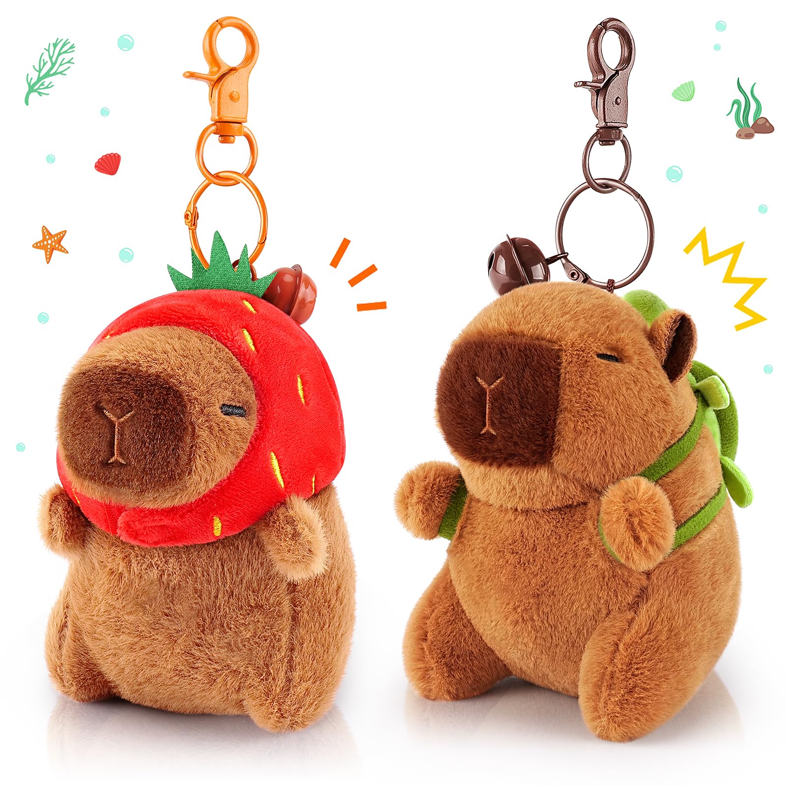 Achwishap 2-Pack Capybara Plush Keychains – with Turtle Backpack and Strawberry Hat, Soft Fabric, Safe for Kids