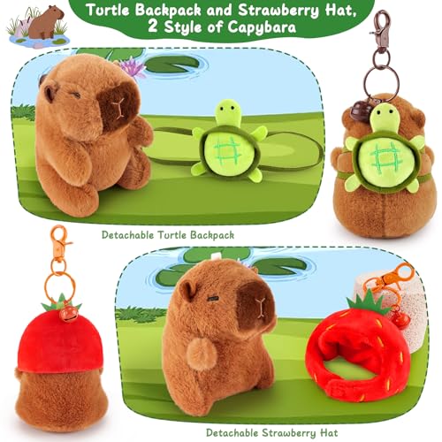 Achwishap 2-Pack Capybara Plush Keychains – with Turtle Backpack and Strawberry Hat, Soft Fabric, Safe for Kids