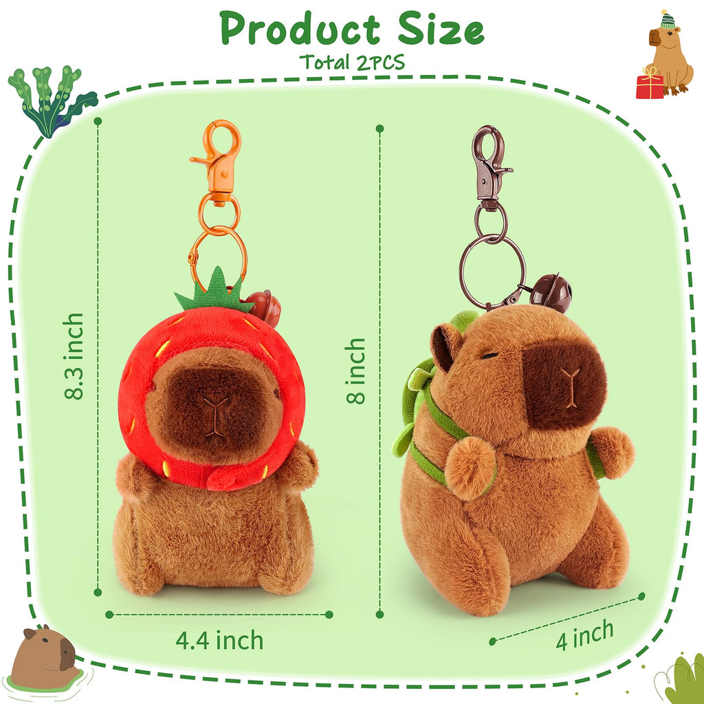 Achwishap 2-Pack Capybara Plush Keychains – with Turtle Backpack and Strawberry Hat, Soft Fabric, Safe for Kids