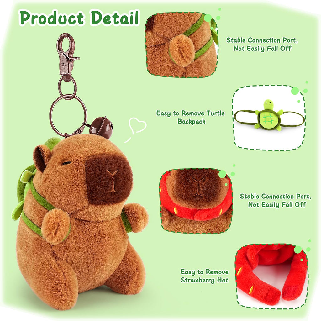 Achwishap 2-Pack Capybara Plush Keychains – with Turtle Backpack and Strawberry Hat, Soft Fabric, Safe for Kids